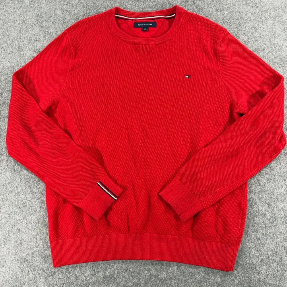 Tommy Hilfiger Mens Red Textured Knit Crew Neck Sweater Flag Logo Large